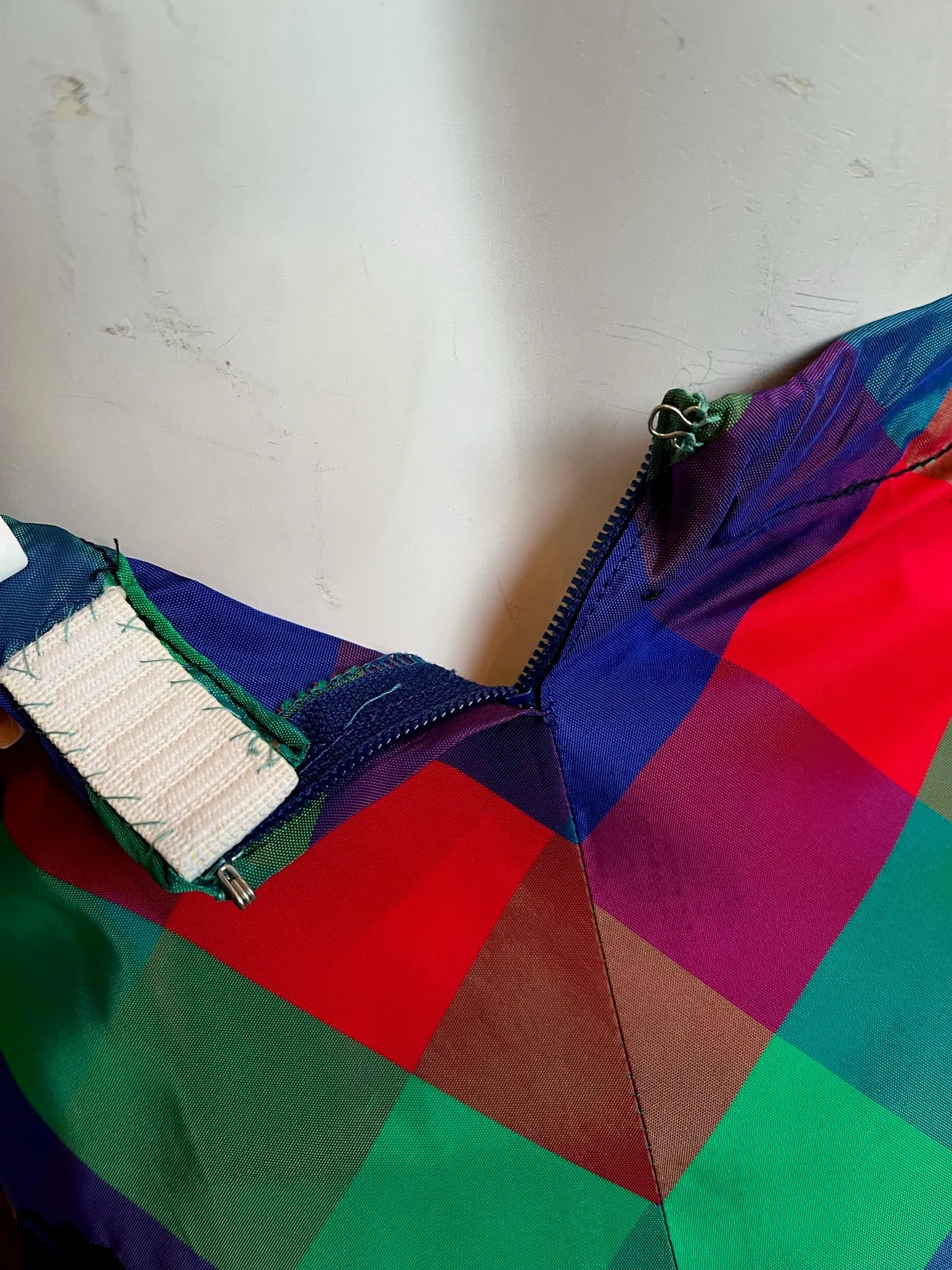 1970s Jewel Toned Taffeta Plaid Checkered Skirt