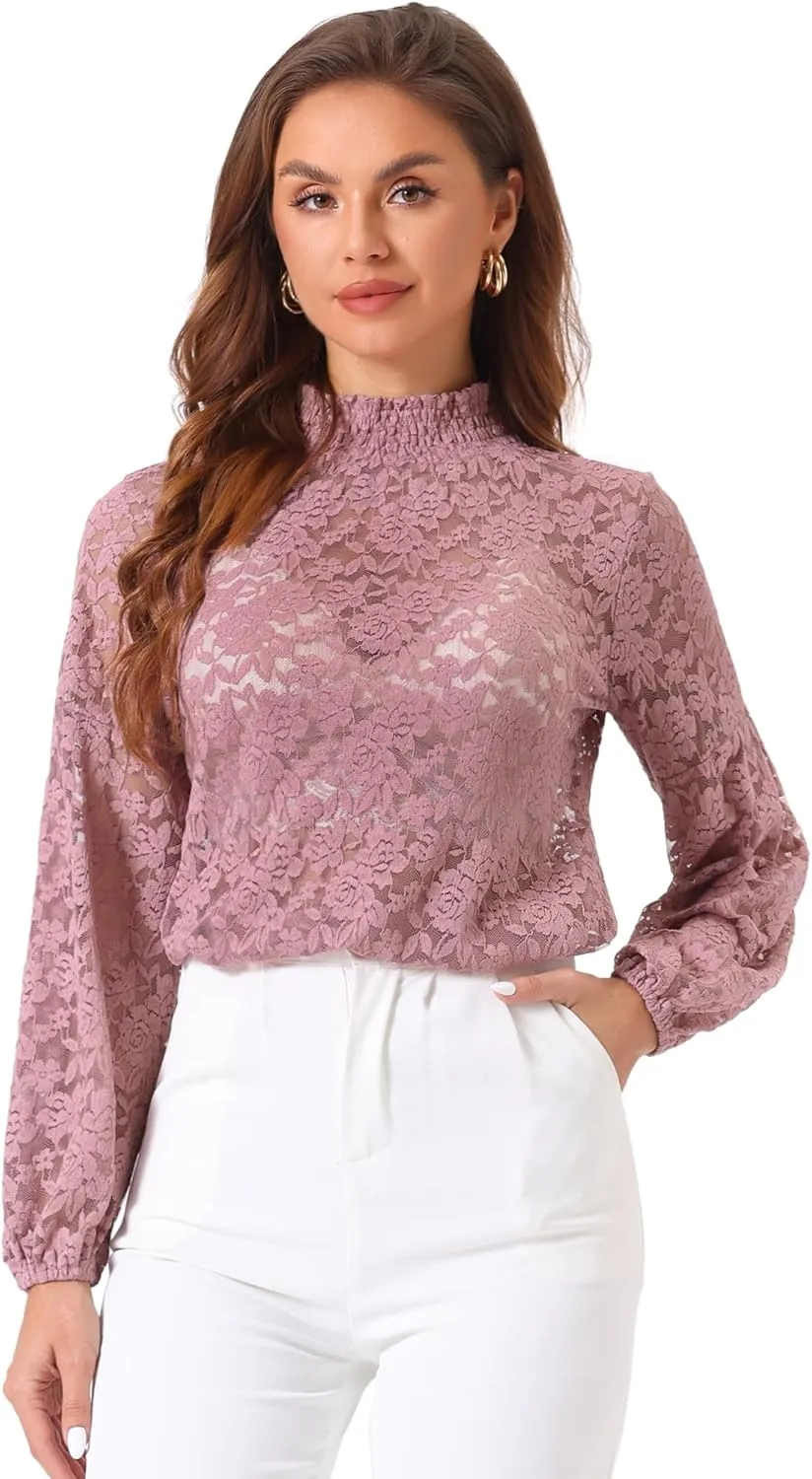 Allegra K Women's Floral Lace Top Turtleneck Puff Long Sleeve See Through Sheer Blouse
