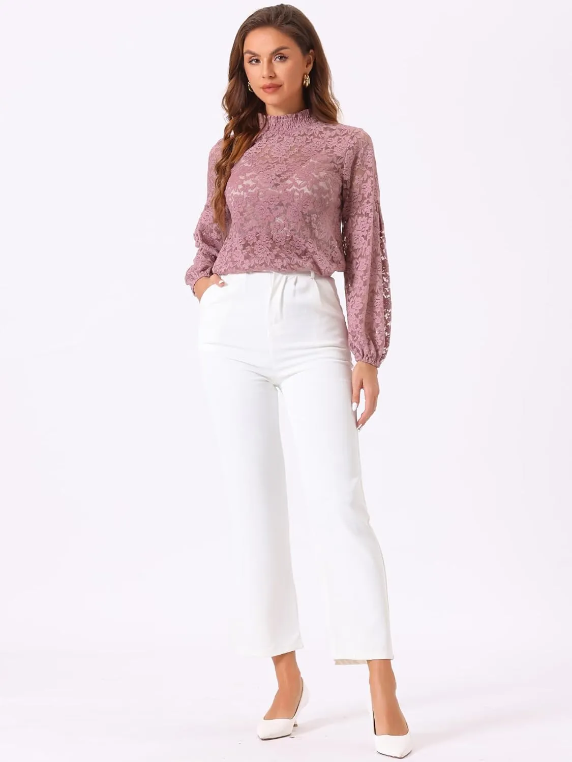 Allegra K Women's Floral Lace Top Turtleneck Puff Long Sleeve See Through Sheer Blouse