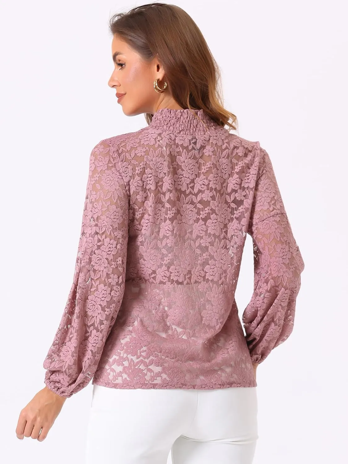 Allegra K Women's Floral Lace Top Turtleneck Puff Long Sleeve See Through Sheer Blouse