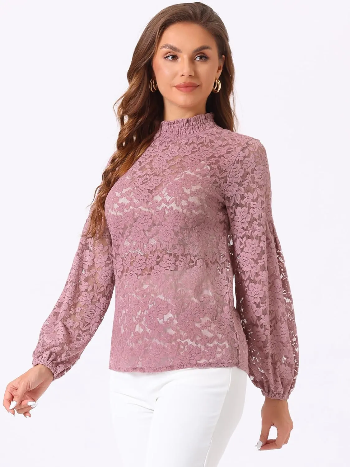 Allegra K Women's Floral Lace Top Turtleneck Puff Long Sleeve See Through Sheer Blouse