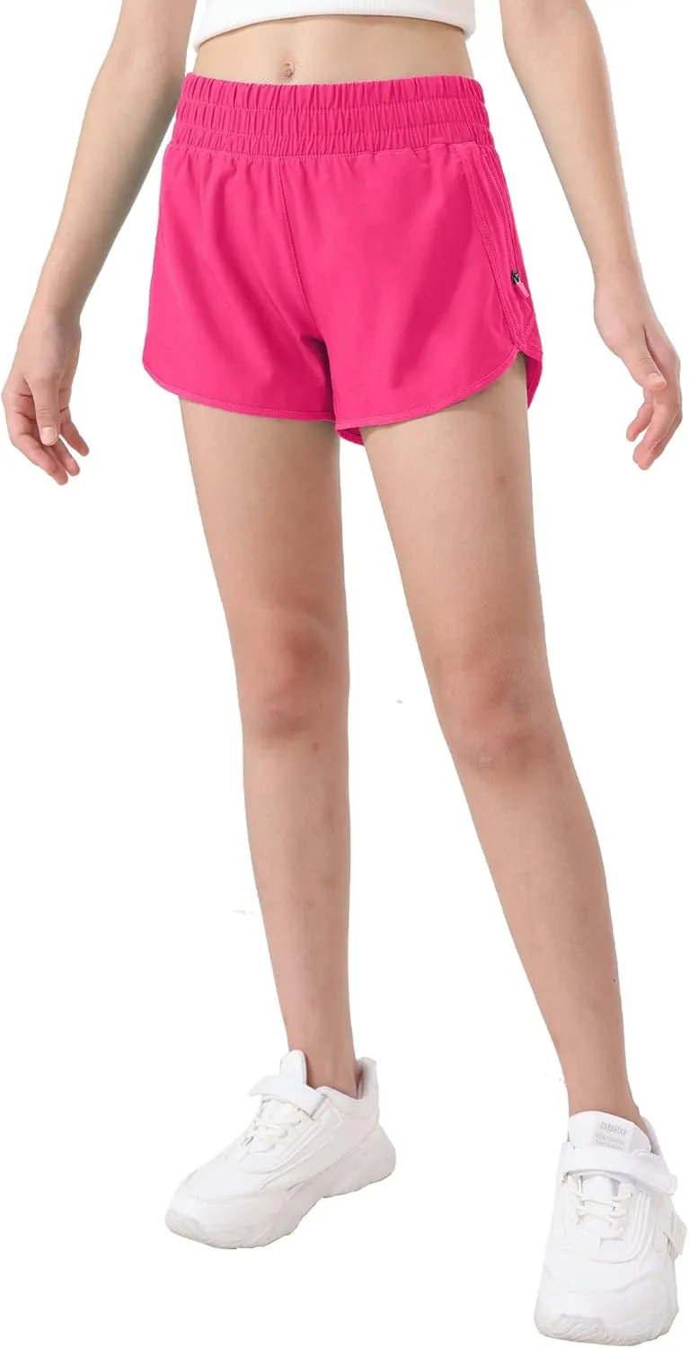 Aurefin Girls Athletic Shorts, Teen Kids Quick Dry Running Shorts with Zip Pocket Lightweight Track Workout Active shorts