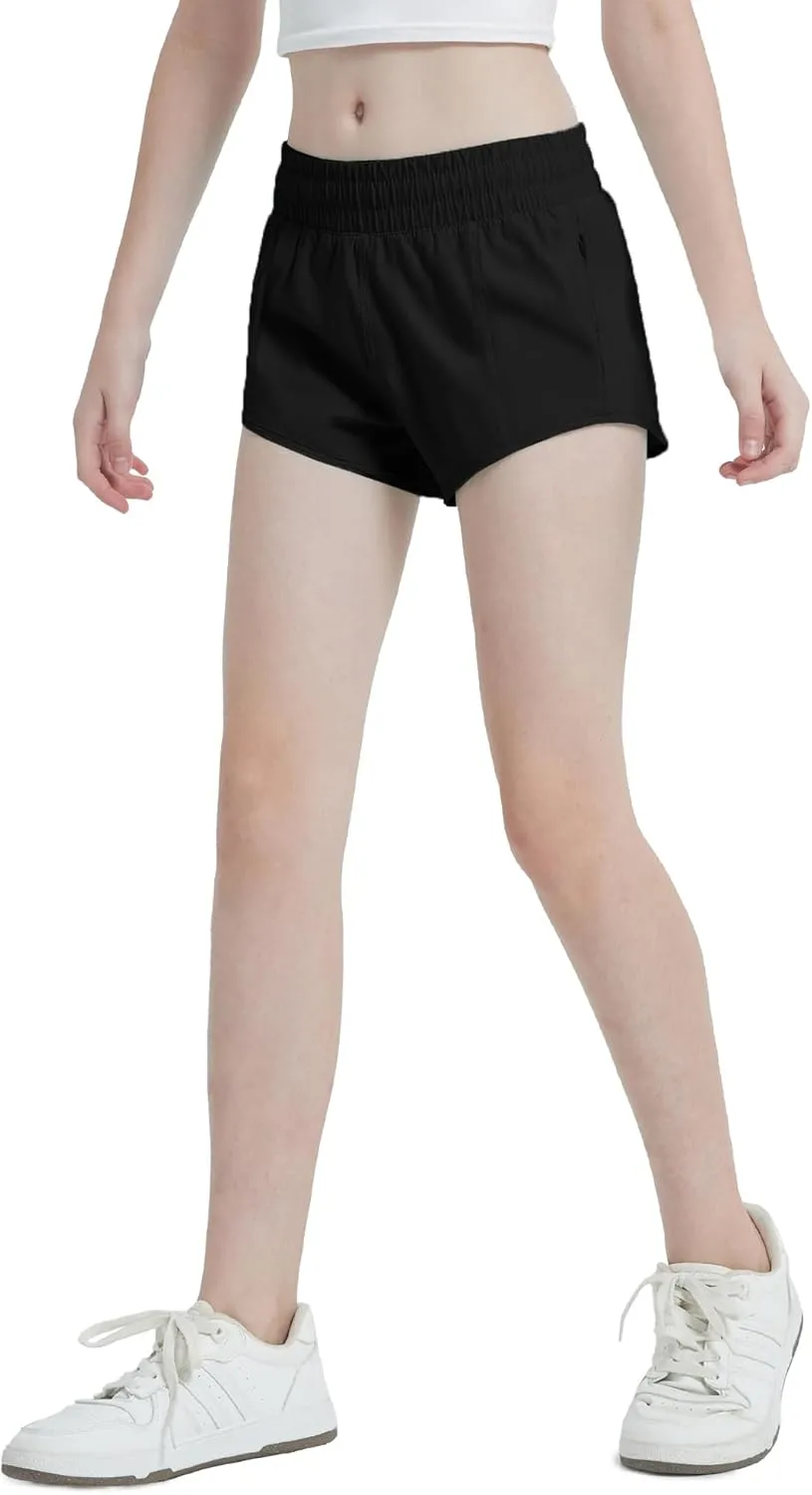 Aurefin Girls Lightweight Athletic Shorts, Quick Dry Running Shorts with Zip Pocket, Workout Sports Short for Teen Kids