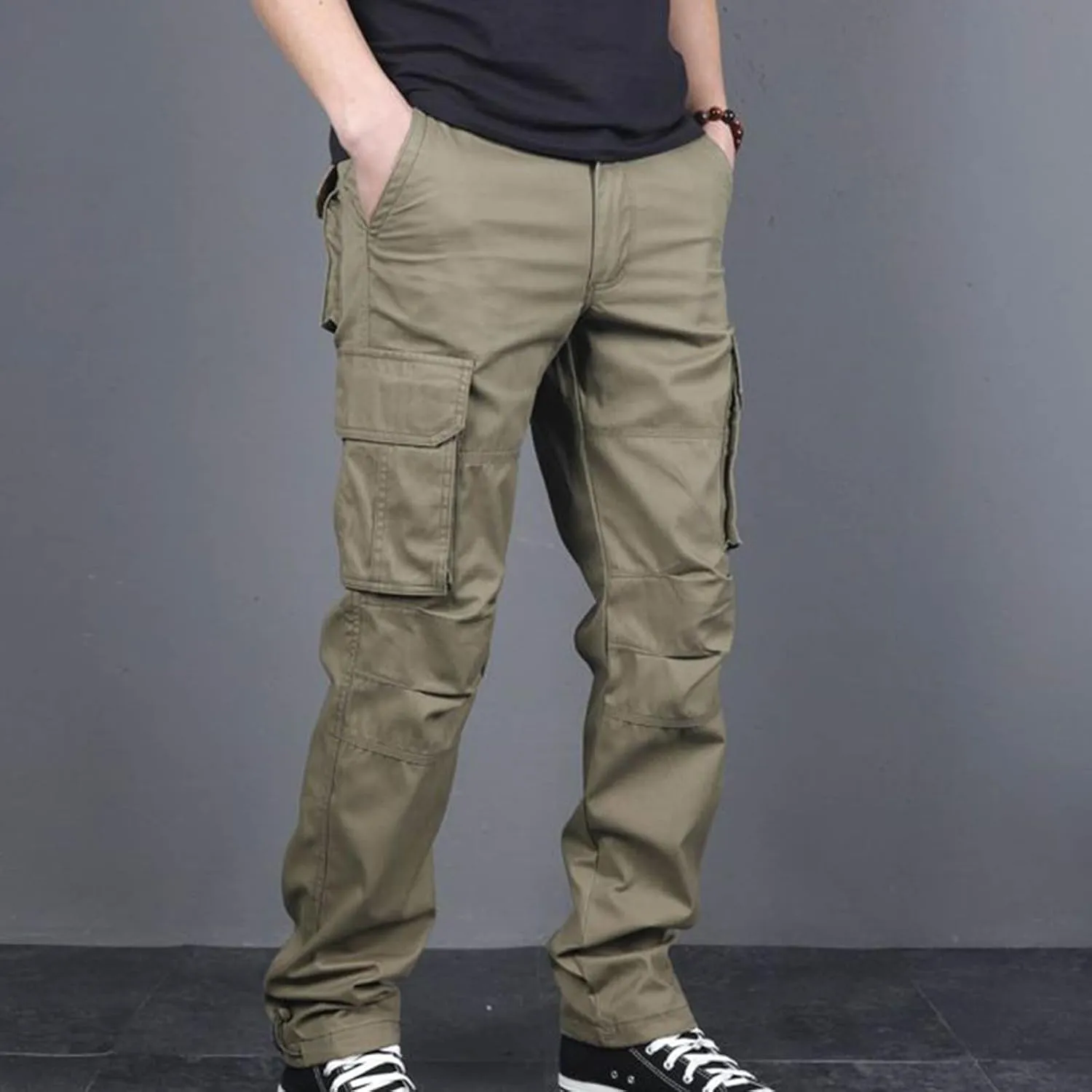 Aymnlox Mens Cotton Cargo Pants Elastic Waist Drawstring Tapered Joggers Sweatpants Casual Long Fashion Trousers with Pockets