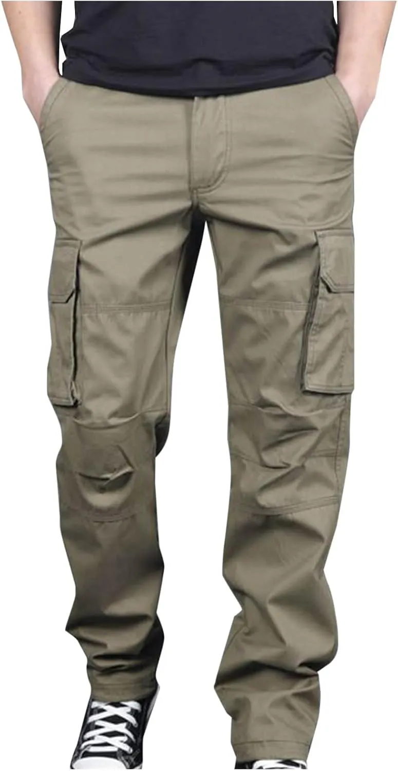 Aymnlox Mens Cotton Cargo Pants Elastic Waist Drawstring Tapered Joggers Sweatpants Casual Long Fashion Trousers with Pockets