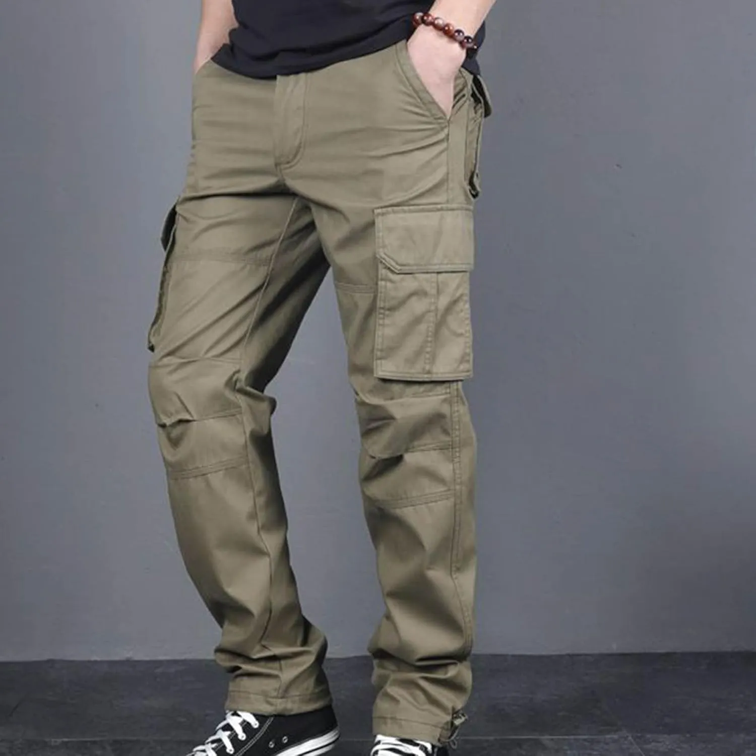 Aymnlox Mens Cotton Cargo Pants Elastic Waist Drawstring Tapered Joggers Sweatpants Casual Long Fashion Trousers with Pockets
