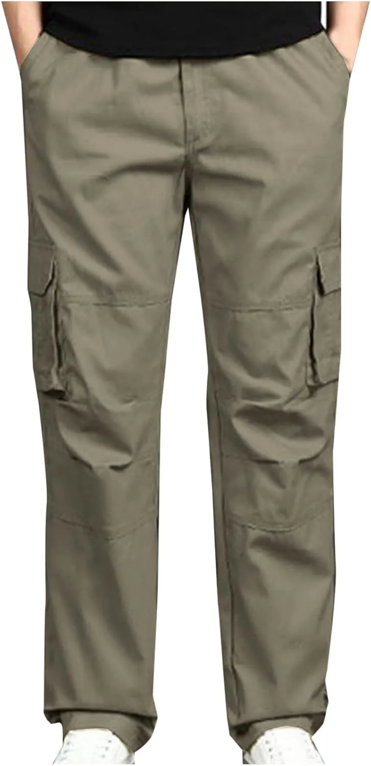 Aymnlox Mens Cotton Cargo Pants Elastic Waist Drawstring Tapered Joggers Sweatpants Casual Long Fashion Trousers with Pockets