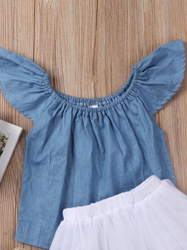 Baby Little Girl Clothes Outfits Off-shoulder Flutter Sleeve Denim Top   White Mesh Skirt