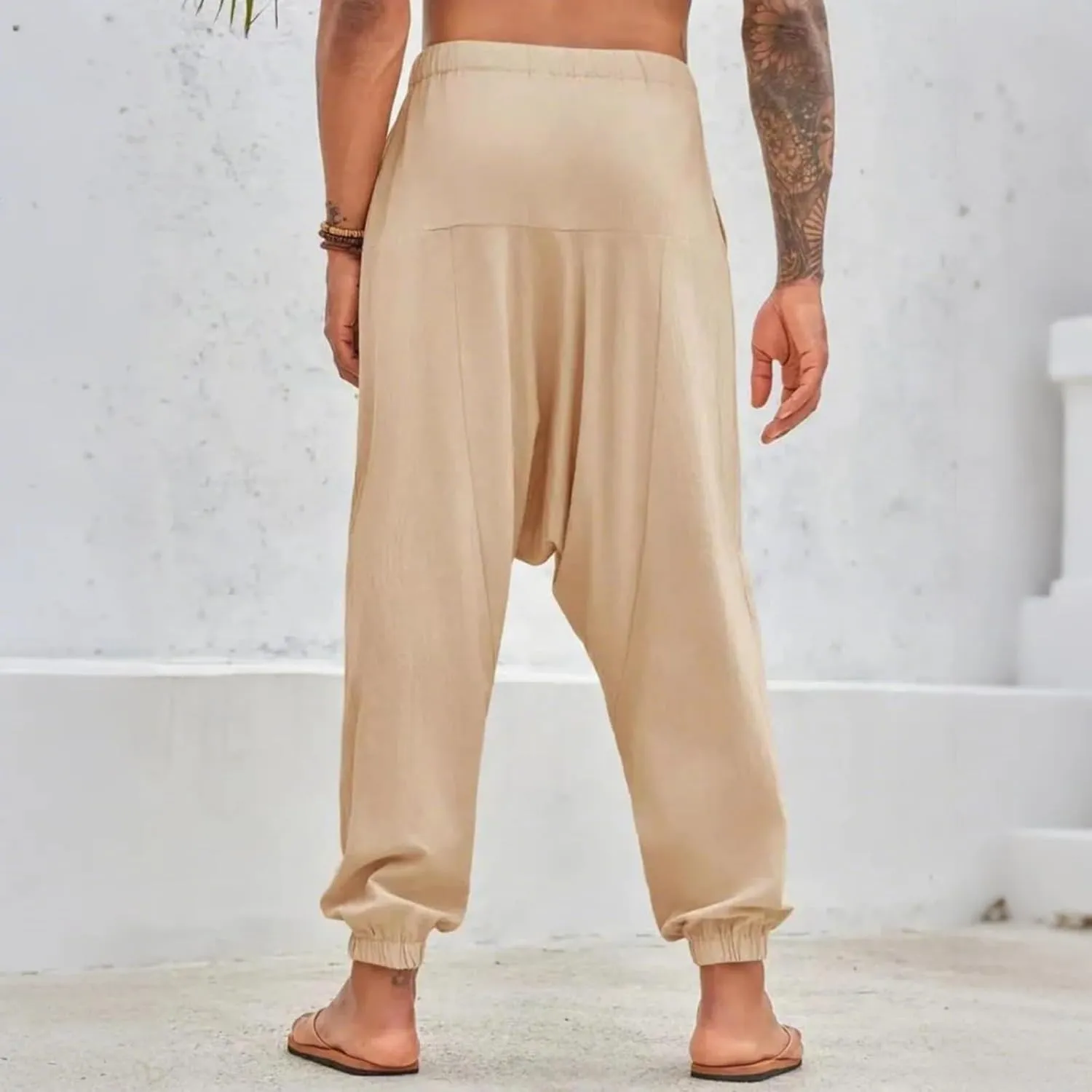 Baggy Harem Pants Men Linen Summer Hippie Pants Elastic Waist Beach Pants Drawstring Boho Holiday Flowy Pants with Pockets