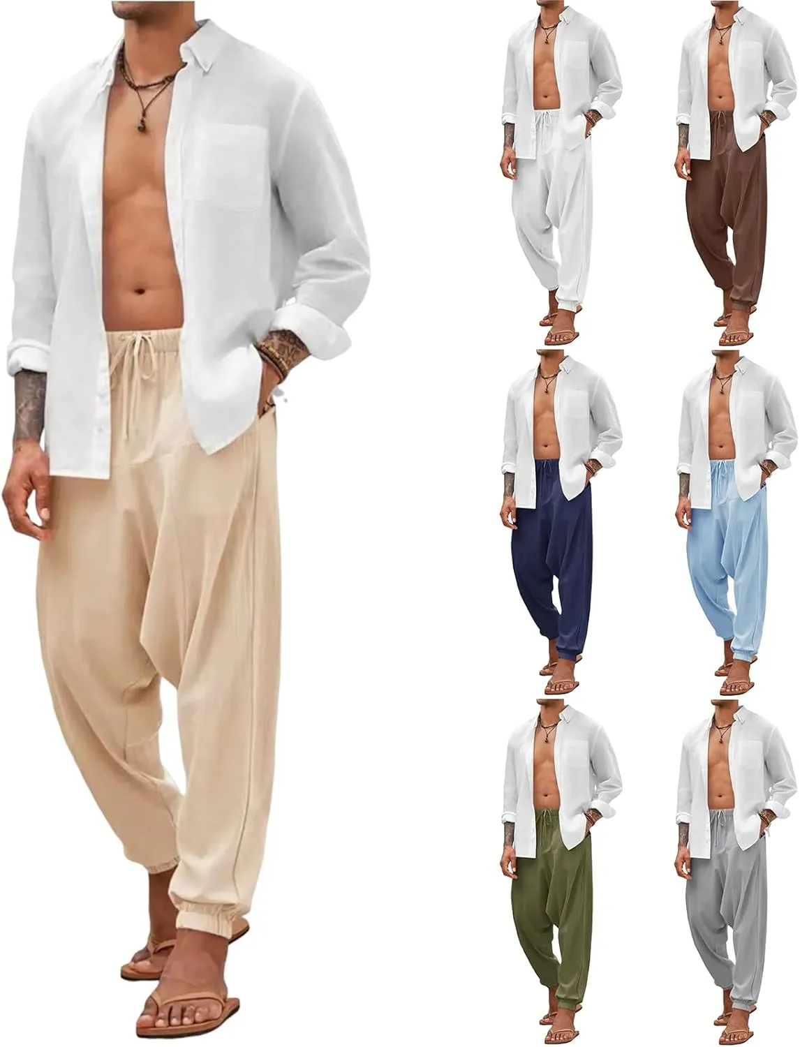 Baggy Harem Pants Men Linen Summer Hippie Pants Elastic Waist Beach Pants Drawstring Boho Holiday Flowy Pants with Pockets