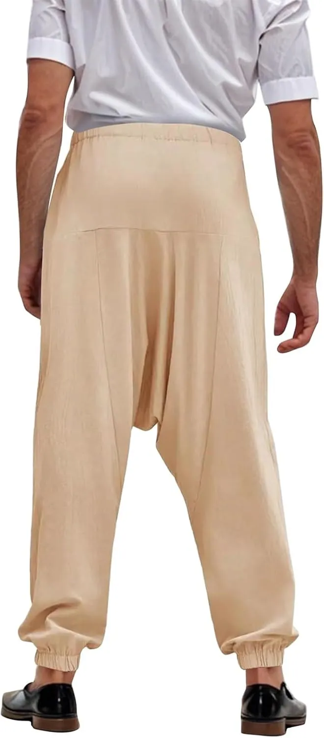 Baggy Harem Pants Men Linen Summer Hippie Pants Elastic Waist Beach Pants Drawstring Boho Holiday Flowy Pants with Pockets