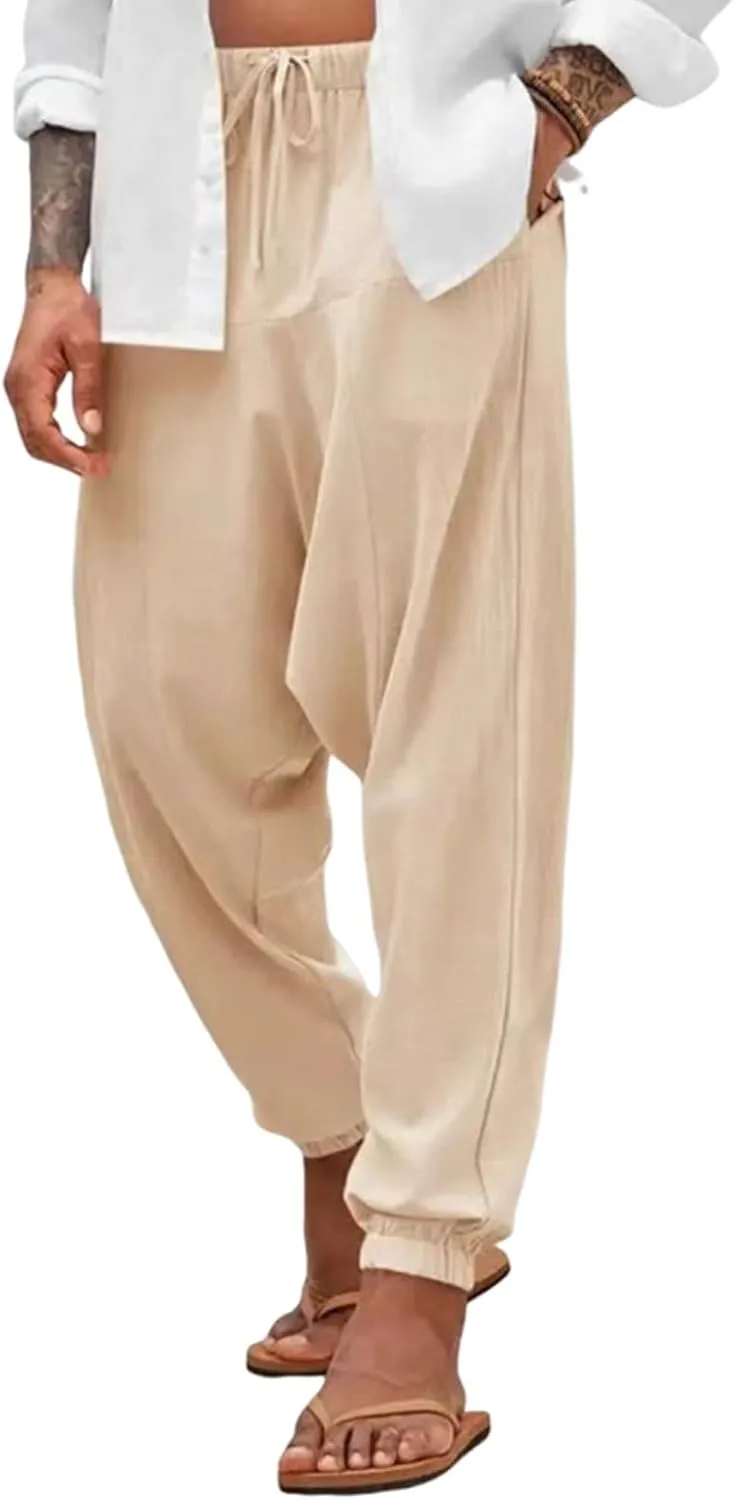 Baggy Harem Pants Men Linen Summer Hippie Pants Elastic Waist Beach Pants Drawstring Boho Holiday Flowy Pants with Pockets