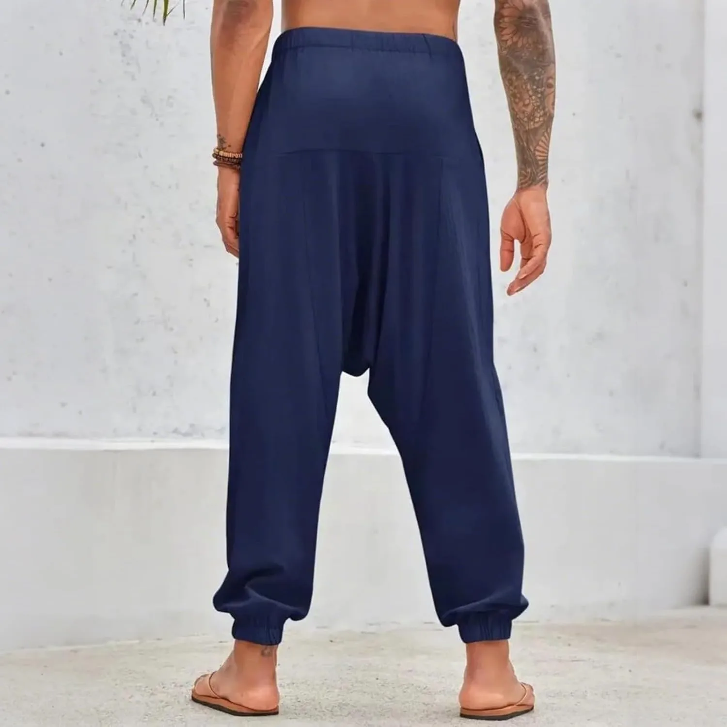Baggy Harem Pants Men Linen Summer Hippie Pants Elastic Waist Beach Pants Drawstring Boho Holiday Flowy Pants with Pockets