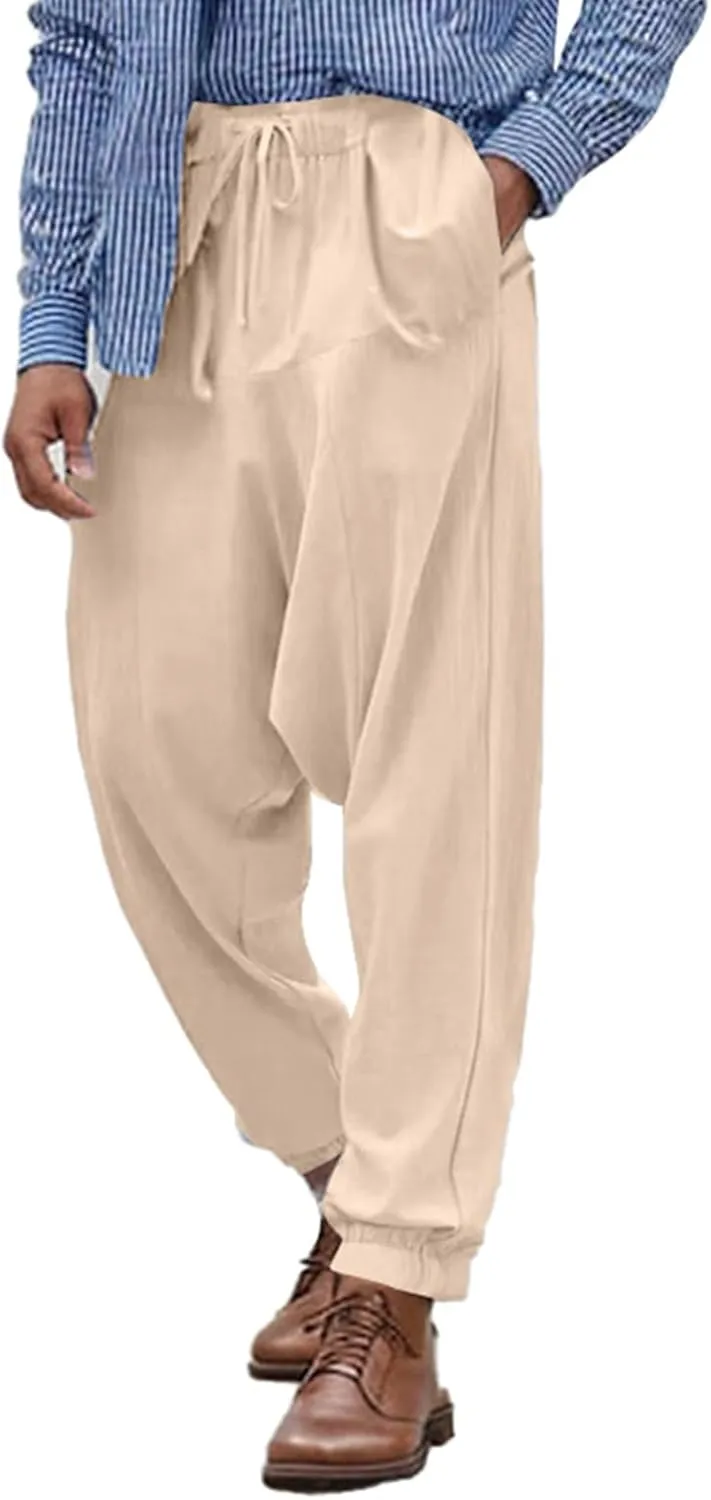 Baggy Harem Pants Men Linen Summer Hippie Pants Elastic Waist Beach Pants Drawstring Boho Holiday Flowy Pants with Pockets