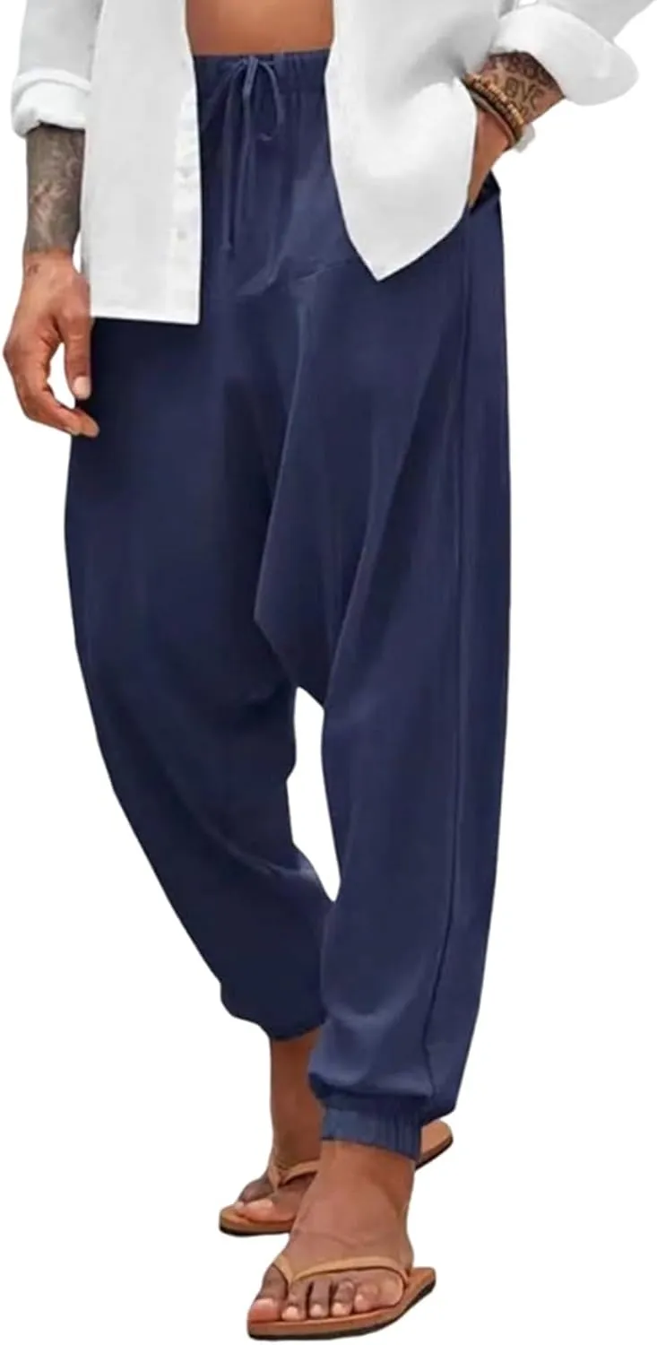 Baggy Harem Pants Men Linen Summer Hippie Pants Elastic Waist Beach Pants Drawstring Boho Holiday Flowy Pants with Pockets