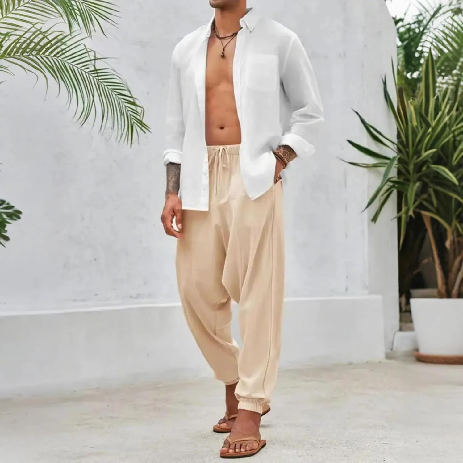 Baggy Harem Pants Men Linen Summer Hippie Pants Elastic Waist Beach Pants Drawstring Boho Holiday Flowy Pants with Pockets