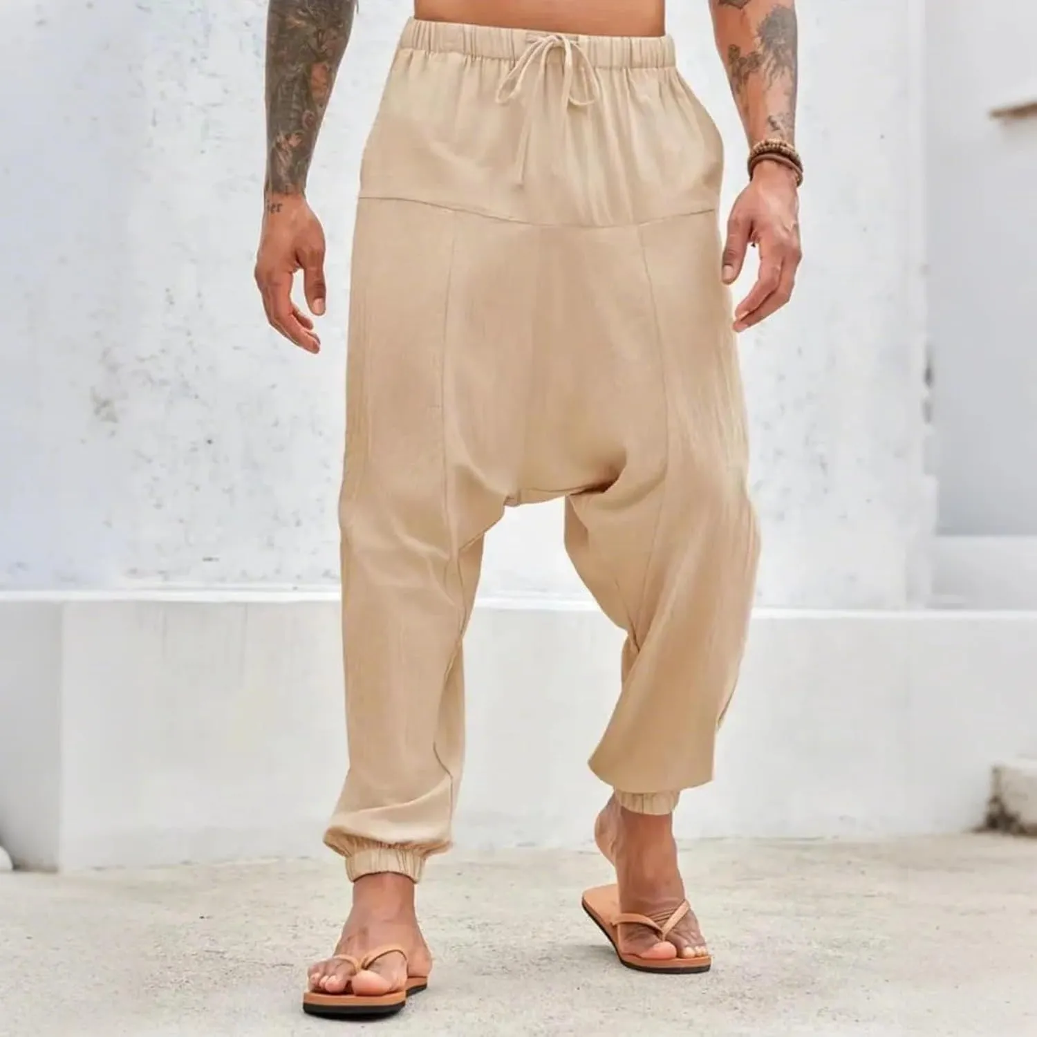Baggy Harem Pants Men Linen Summer Hippie Pants Elastic Waist Beach Pants Drawstring Boho Holiday Flowy Pants with Pockets