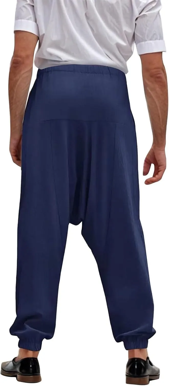 Baggy Harem Pants Men Linen Summer Hippie Pants Elastic Waist Beach Pants Drawstring Boho Holiday Flowy Pants with Pockets