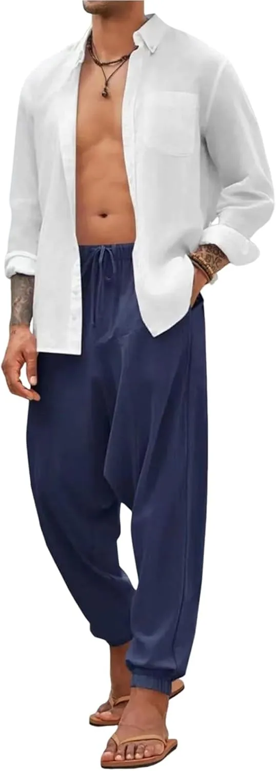 Baggy Harem Pants Men Linen Summer Hippie Pants Elastic Waist Beach Pants Drawstring Boho Holiday Flowy Pants with Pockets