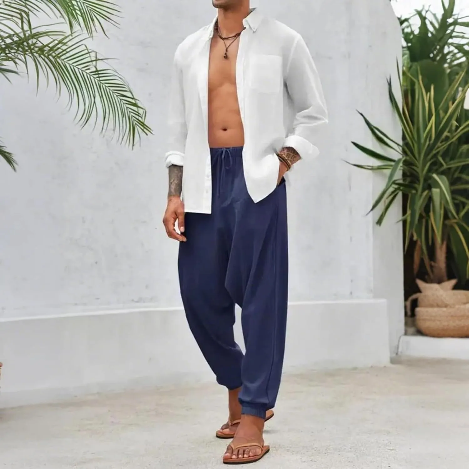 Baggy Harem Pants Men Linen Summer Hippie Pants Elastic Waist Beach Pants Drawstring Boho Holiday Flowy Pants with Pockets
