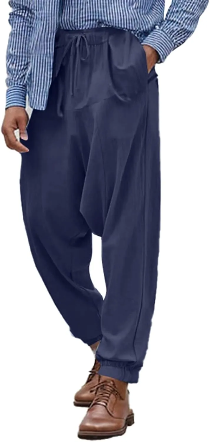 Baggy Harem Pants Men Linen Summer Hippie Pants Elastic Waist Beach Pants Drawstring Boho Holiday Flowy Pants with Pockets