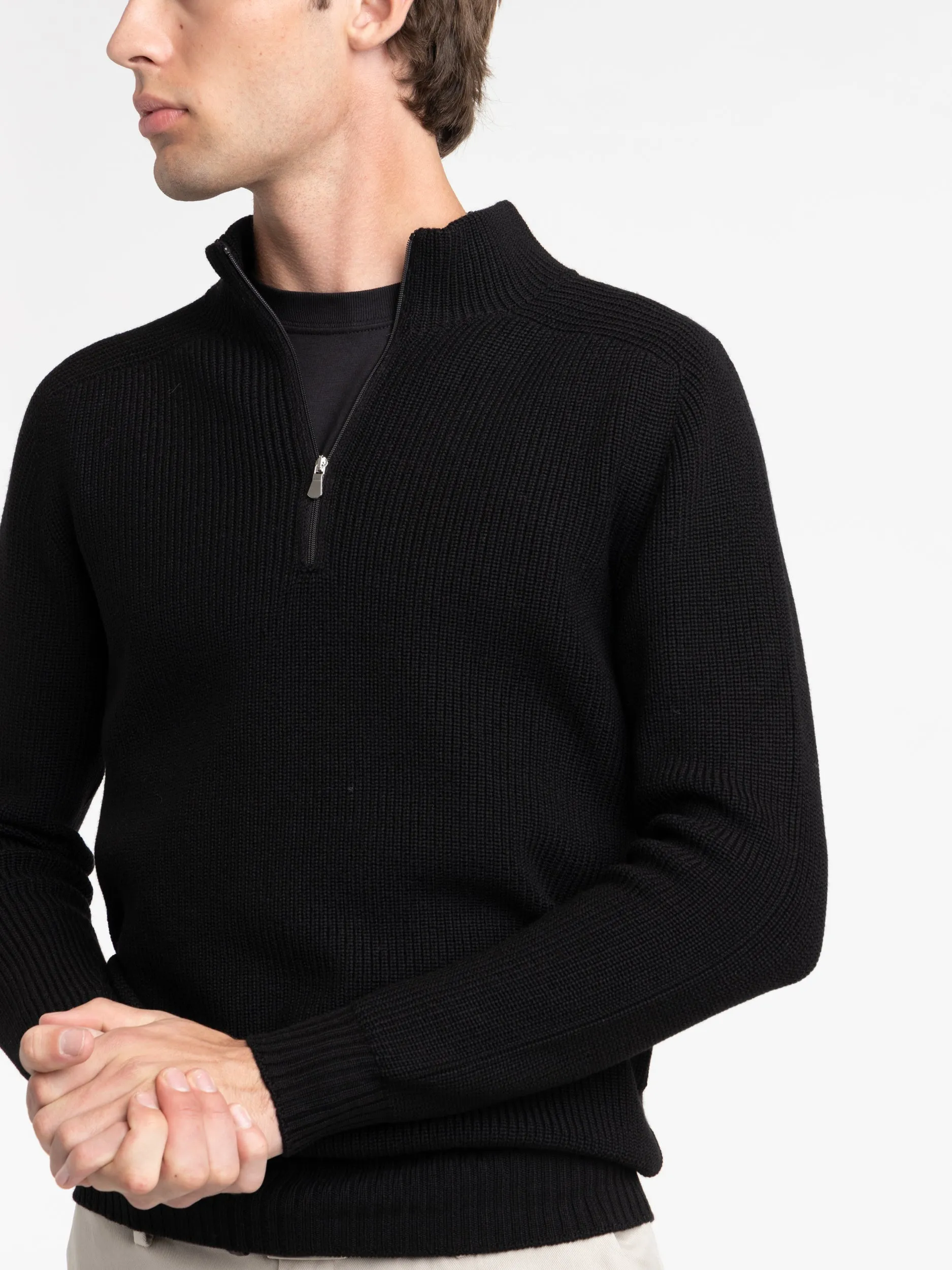 Black Ribbed Quarter Zip Sweater