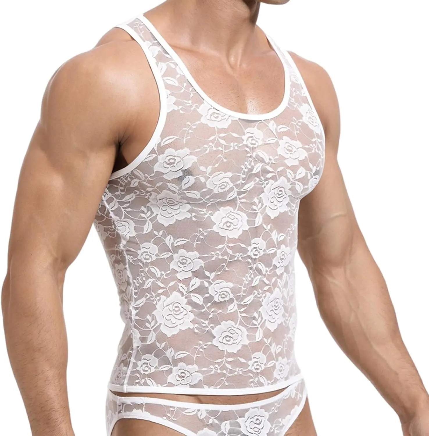 Cambkatl Men's Floral Lace Sheer Sleeveless Sexy Muscle Tee Shirts Fashion Summer Crewneck Casual Workout Tank Top
