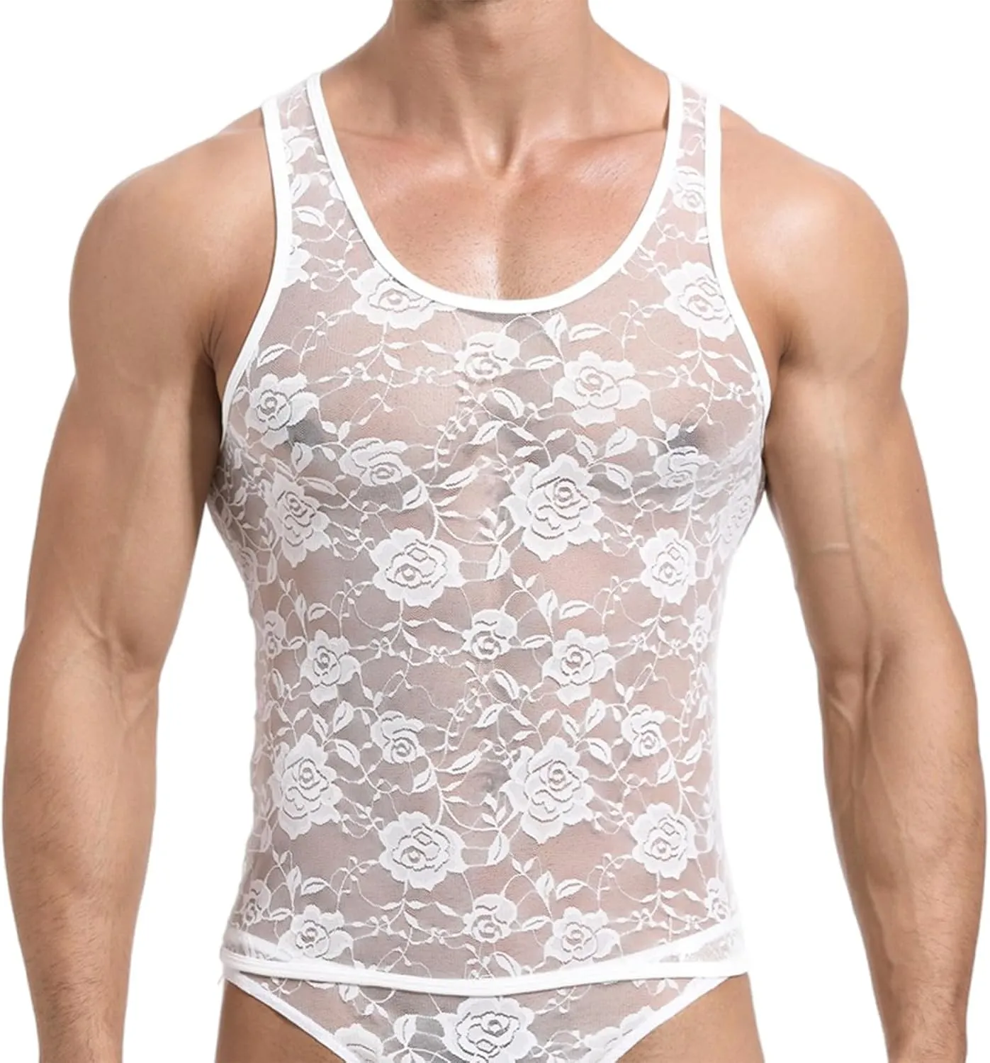 Cambkatl Men's Floral Lace Sheer Sleeveless Sexy Muscle Tee Shirts Fashion Summer Crewneck Casual Workout Tank Top
