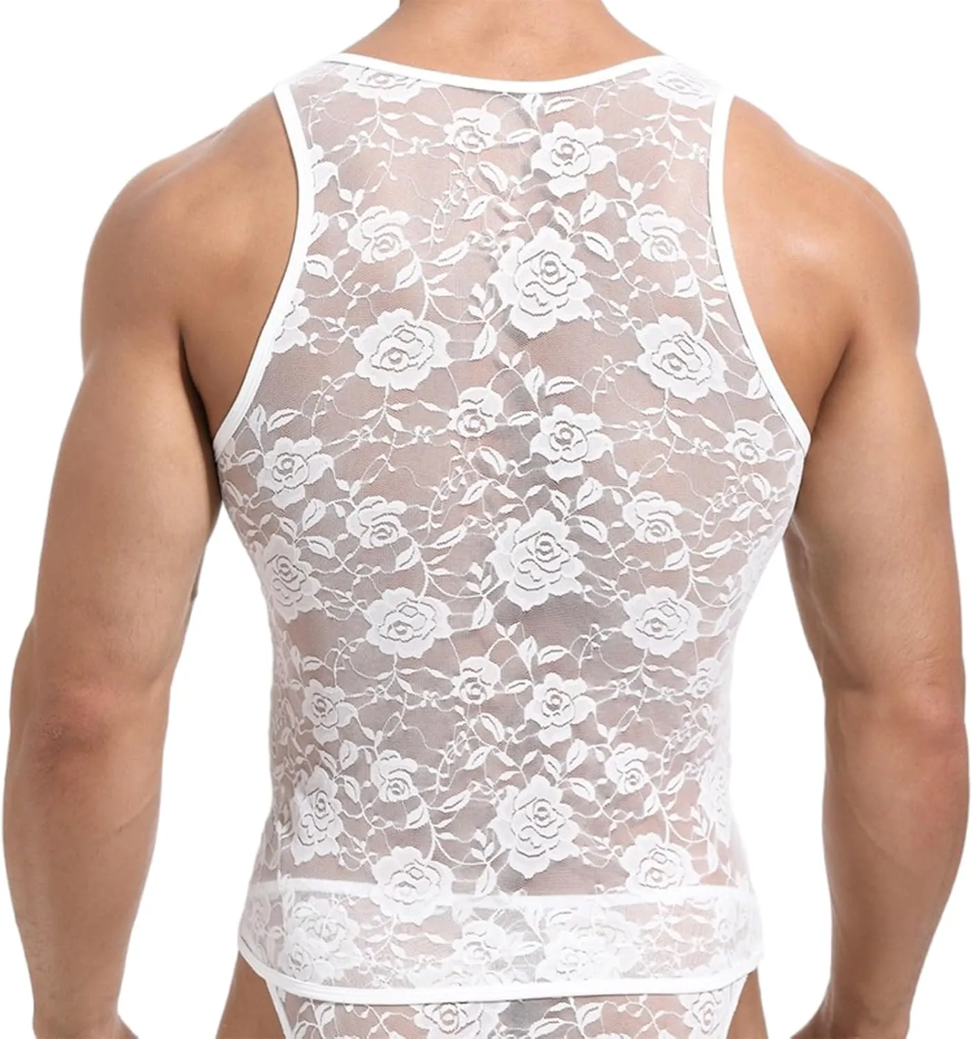 Cambkatl Men's Floral Lace Sheer Sleeveless Sexy Muscle Tee Shirts Fashion Summer Crewneck Casual Workout Tank Top