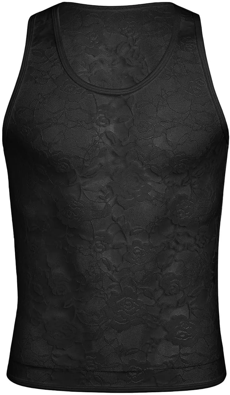 Cambkatl Men's Floral Lace Sheer Sleeveless Sexy Muscle Tee Shirts Fashion Summer Crewneck Casual Workout Tank Top