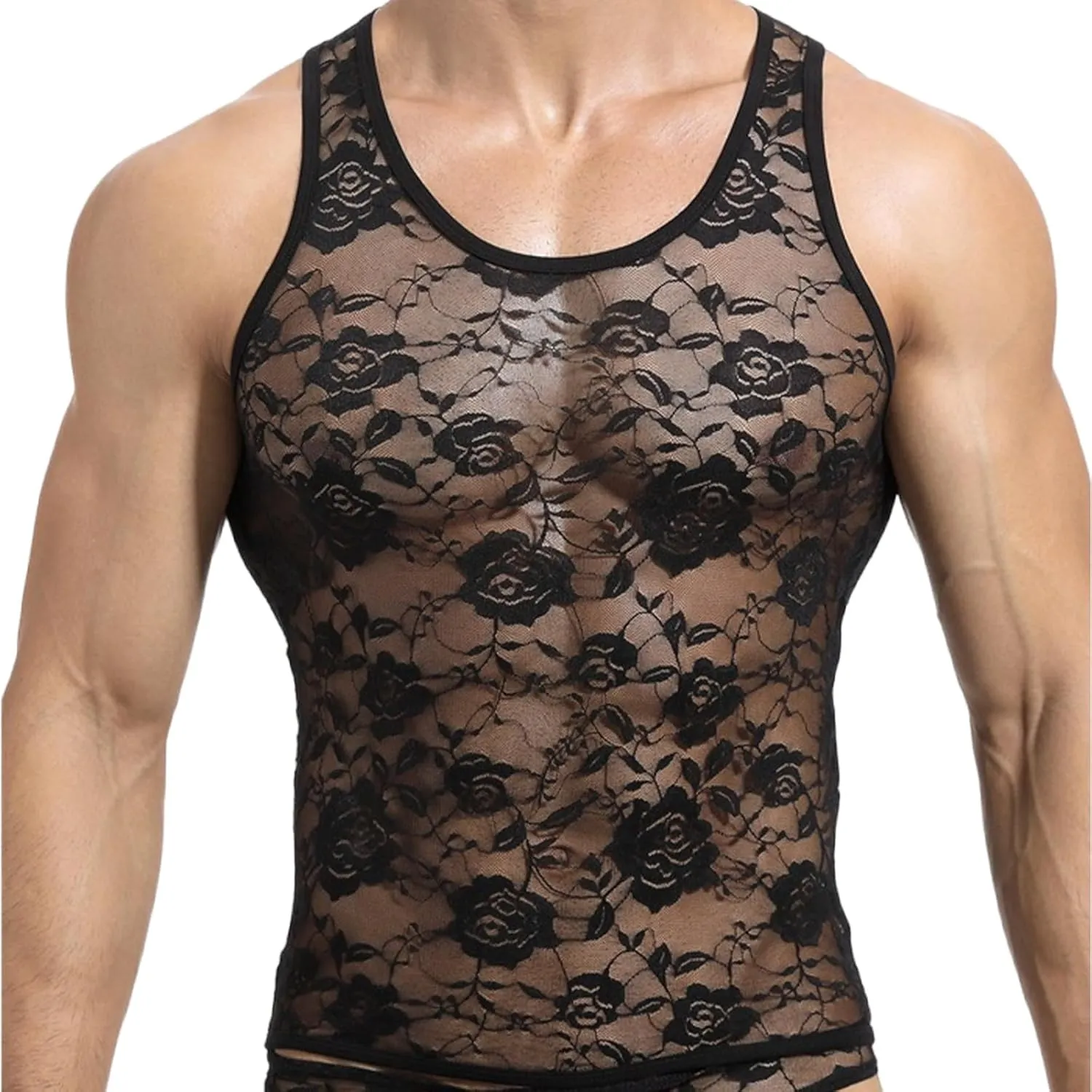 Cambkatl Men's Floral Lace Sheer Sleeveless Sexy Muscle Tee Shirts Fashion Summer Crewneck Casual Workout Tank Top