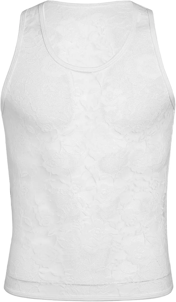 Cambkatl Men's Floral Lace Sheer Sleeveless Sexy Muscle Tee Shirts Fashion Summer Crewneck Casual Workout Tank Top