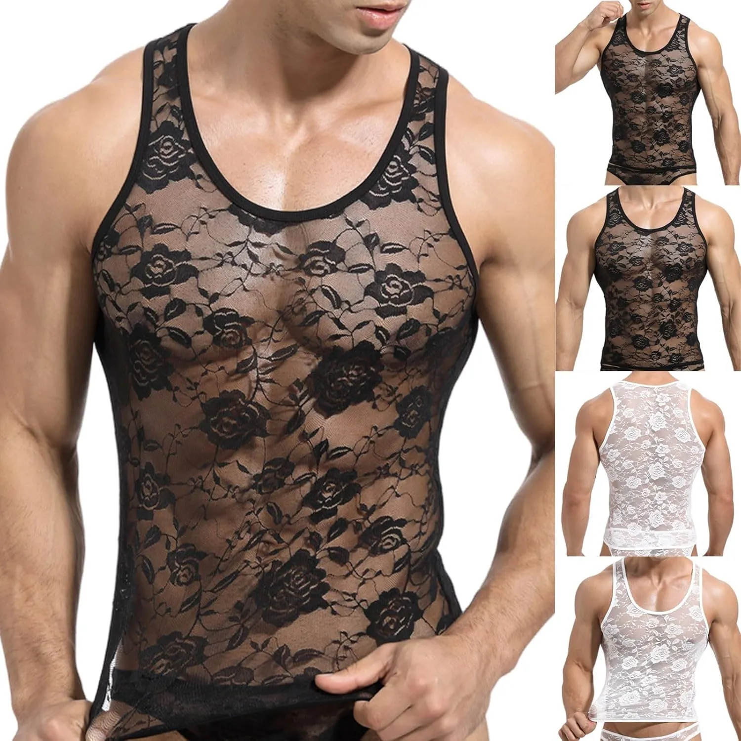 Cambkatl Men's Floral Lace Sheer Sleeveless Sexy Muscle Tee Shirts Fashion Summer Crewneck Casual Workout Tank Top