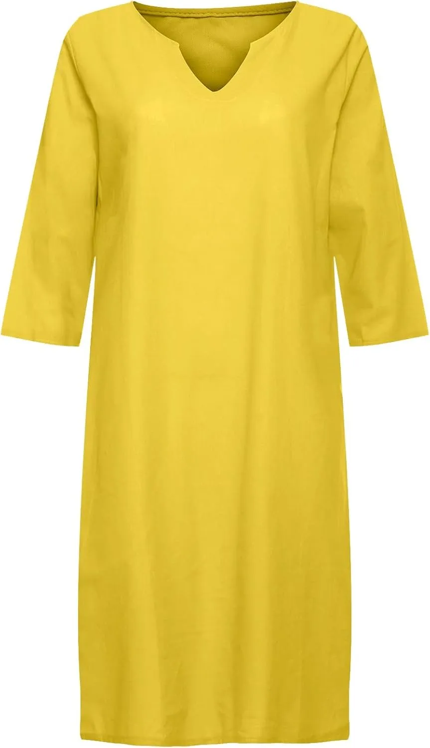Casual Dresses for Women Cotton Linen V-Neck Half Sleeve Short Summer Dresses Elegant Solid Vintage Womens Dresses