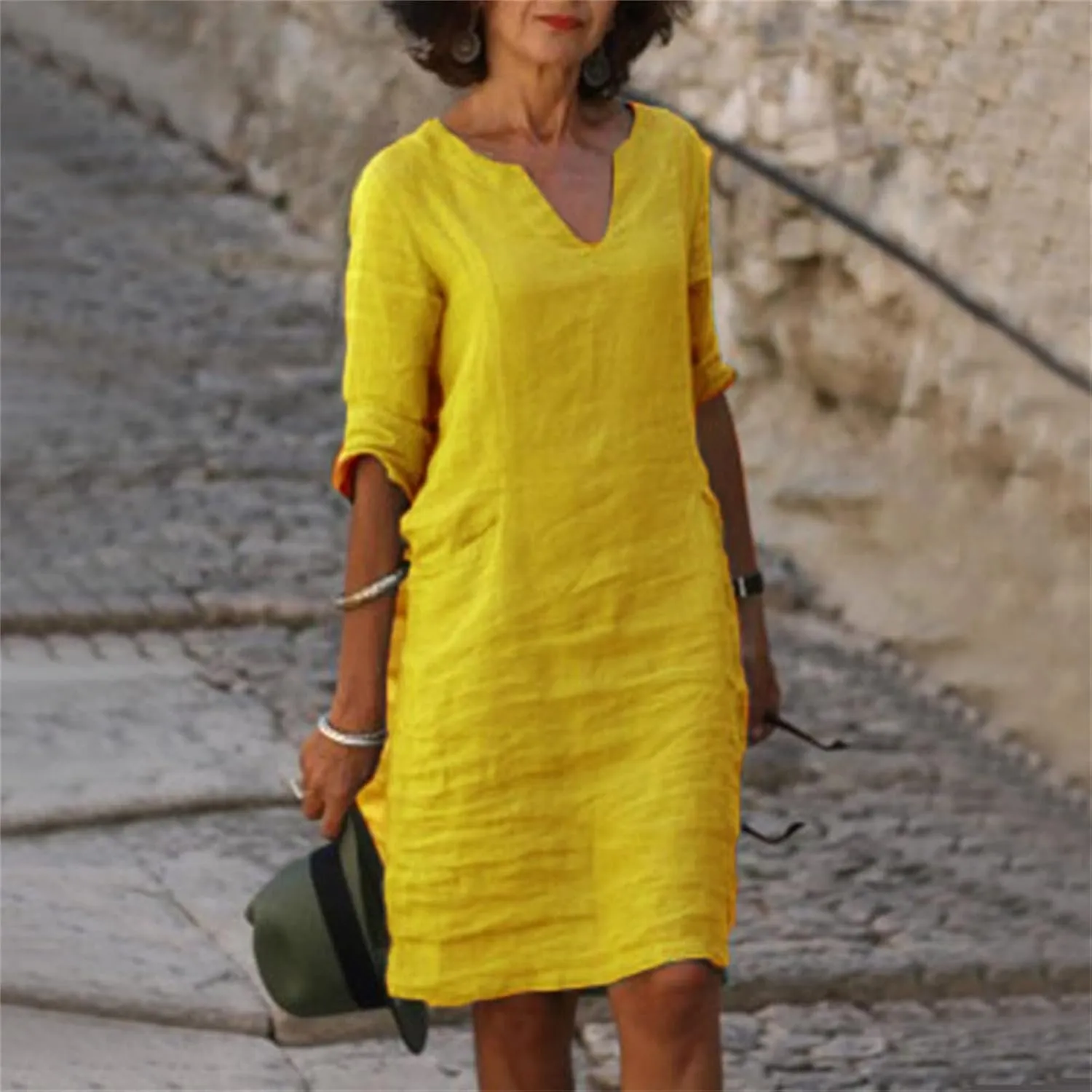 Casual Dresses for Women Cotton Linen V-Neck Half Sleeve Short Summer Dresses Elegant Solid Vintage Womens Dresses