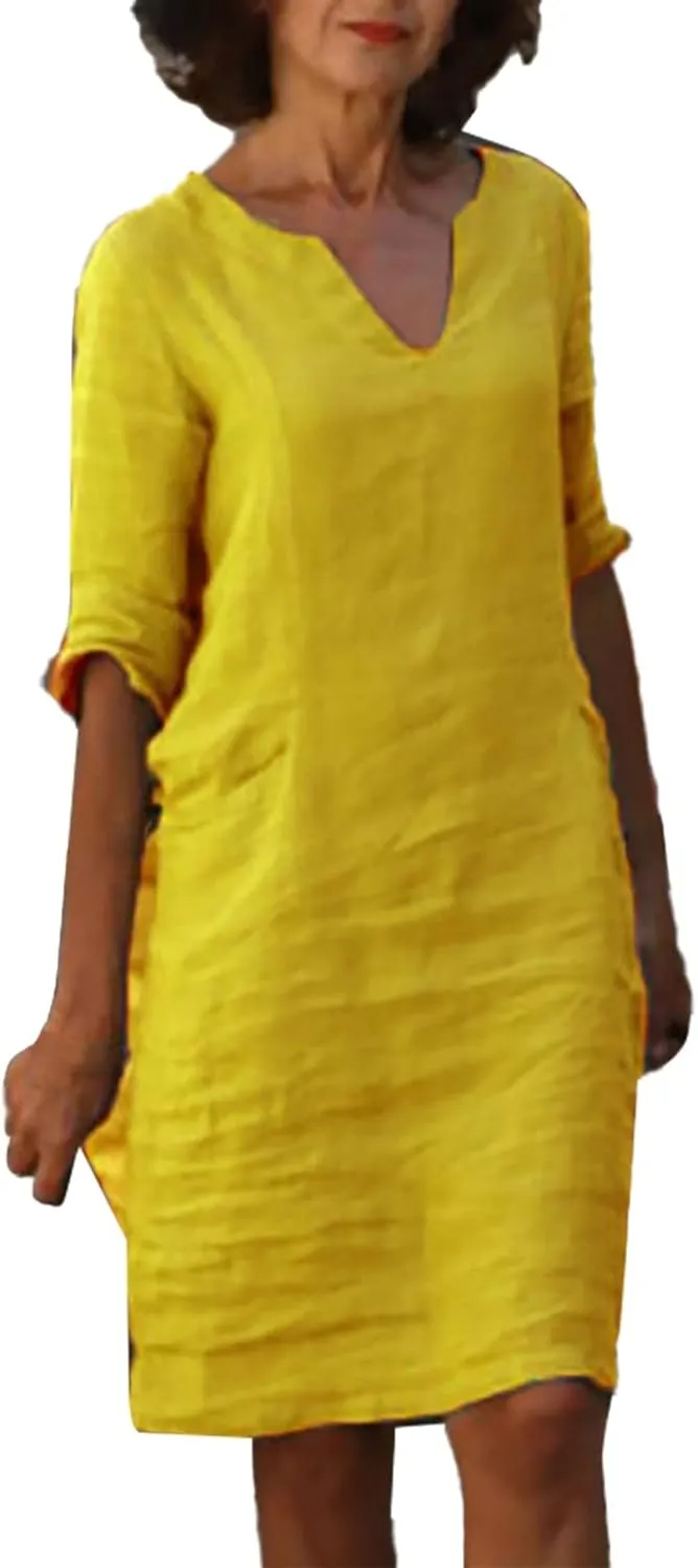 Casual Dresses for Women Cotton Linen V-Neck Half Sleeve Short Summer Dresses Elegant Solid Vintage Womens Dresses