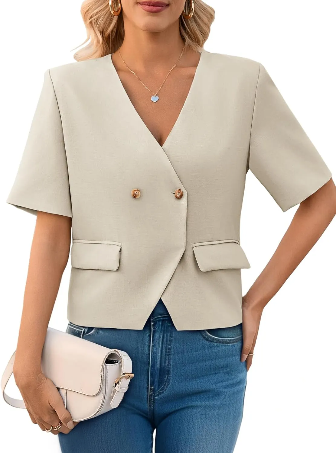 Cicy Bell Womens Cropped Short Sleeve Blazers V Neck Button Down Lightweight Work Casual Suit Jackets