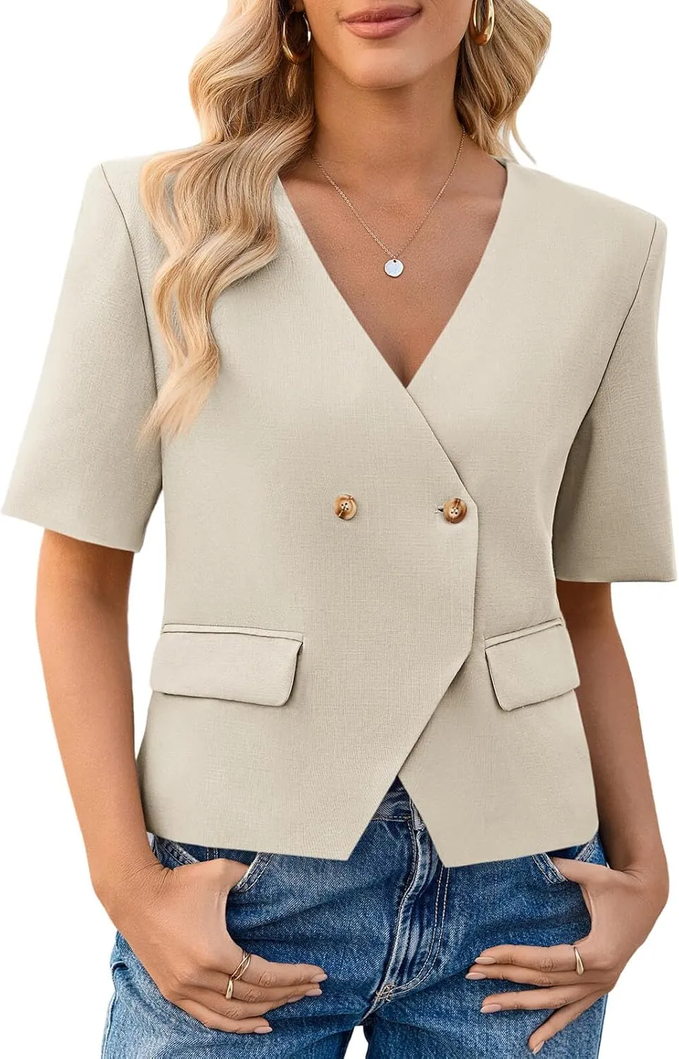 Cicy Bell Womens Cropped Short Sleeve Blazers V Neck Button Down Lightweight Work Casual Suit Jackets