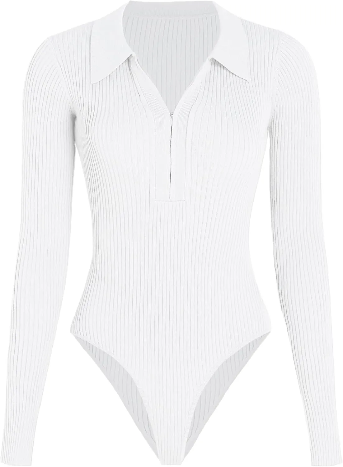 CIDER Women’s Long Sleeve Collared Zip Up Ribbed Knit Casual Bodysuits Slim Fit Tops