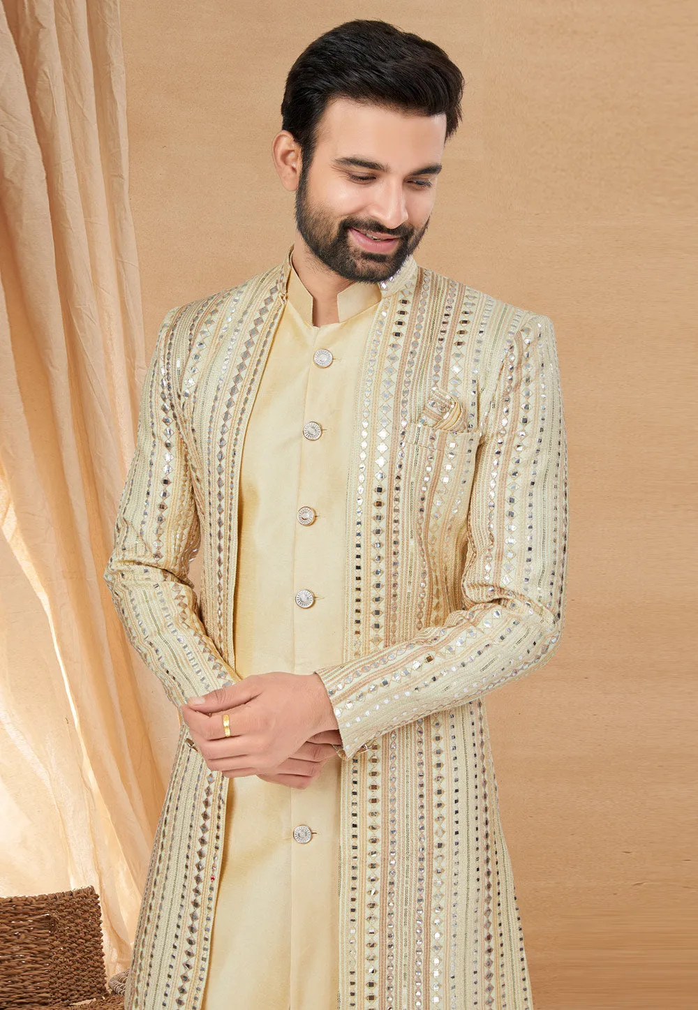 Cream Indo Western Jacket Kurta Set with Mirror & Thread Embellishments