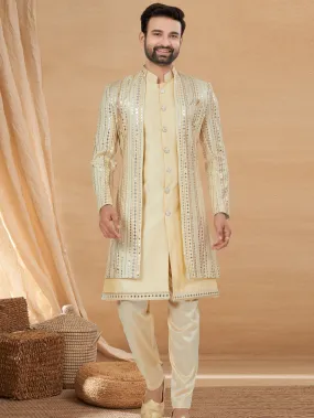 Cream Indo Western Jacket Kurta Set with Mirror & Thread Embellishments