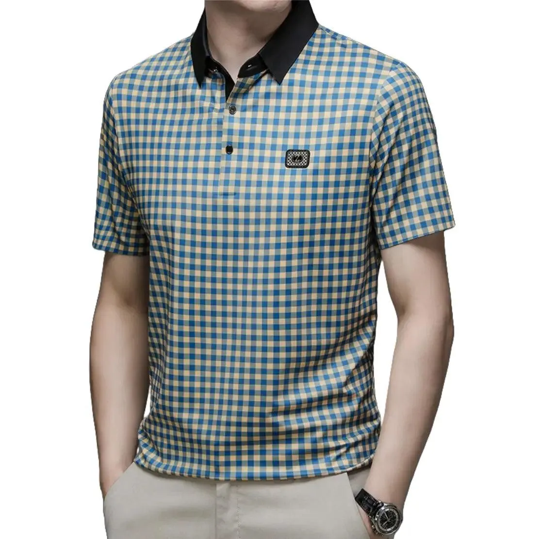 DomiGe Men's Summer Ice Silk Polo Shirt Business Casual Short Sleeve