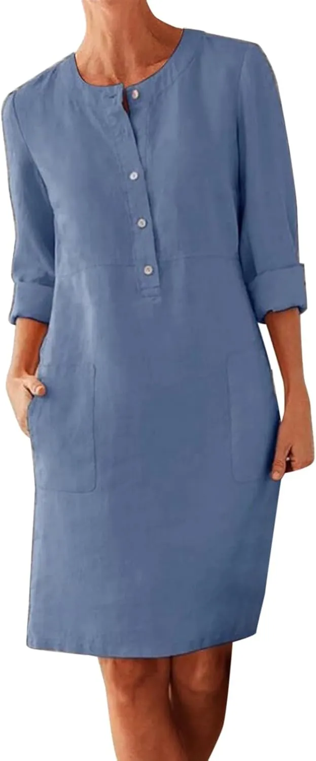 Dresses for Women 2024 Casual Cotton Linen Midi Dress with Pockets Button Down Crew Neck Long Sleeve Summer Dress