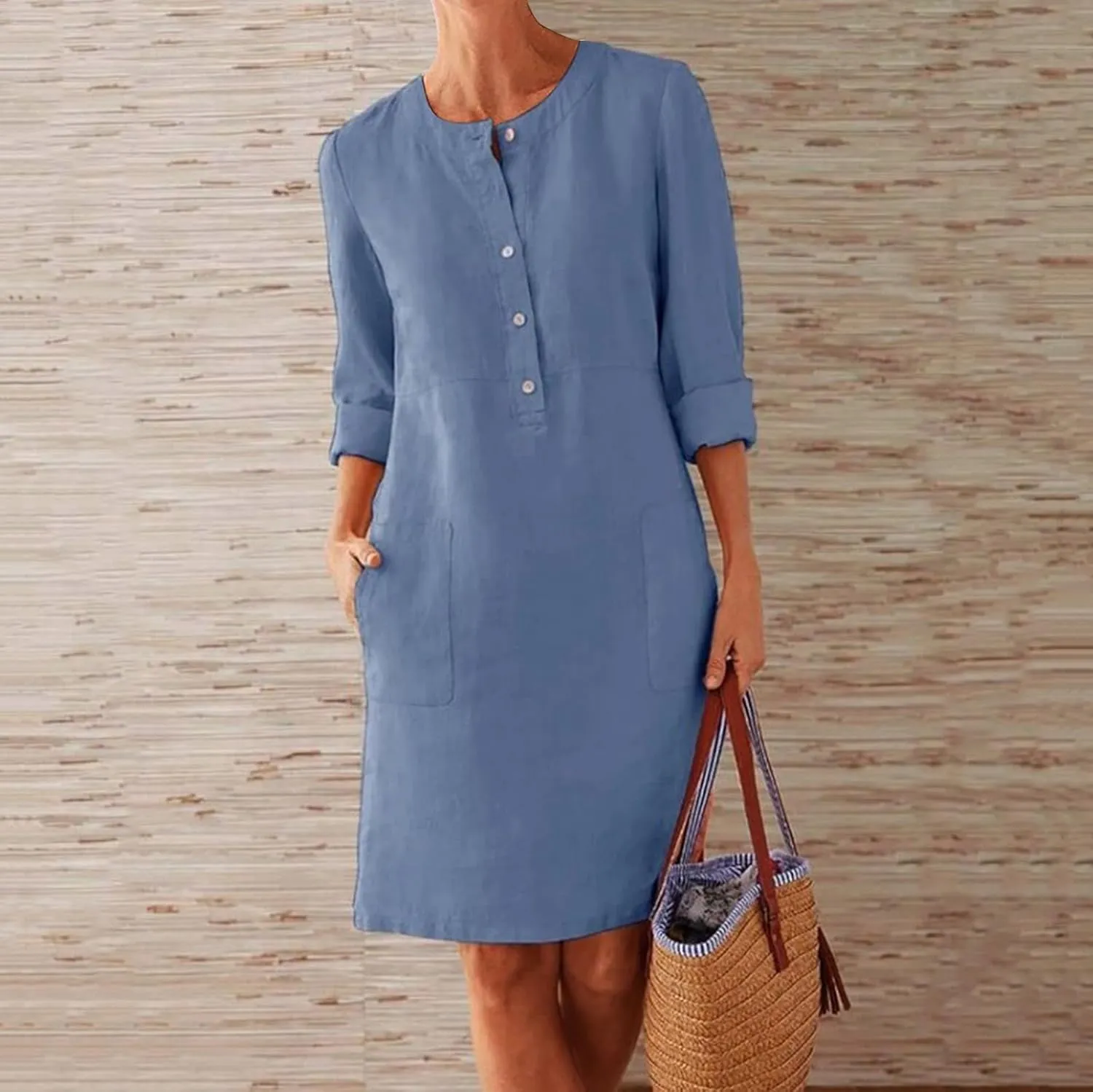 Dresses for Women 2024 Casual Cotton Linen Midi Dress with Pockets Button Down Crew Neck Long Sleeve Summer Dress