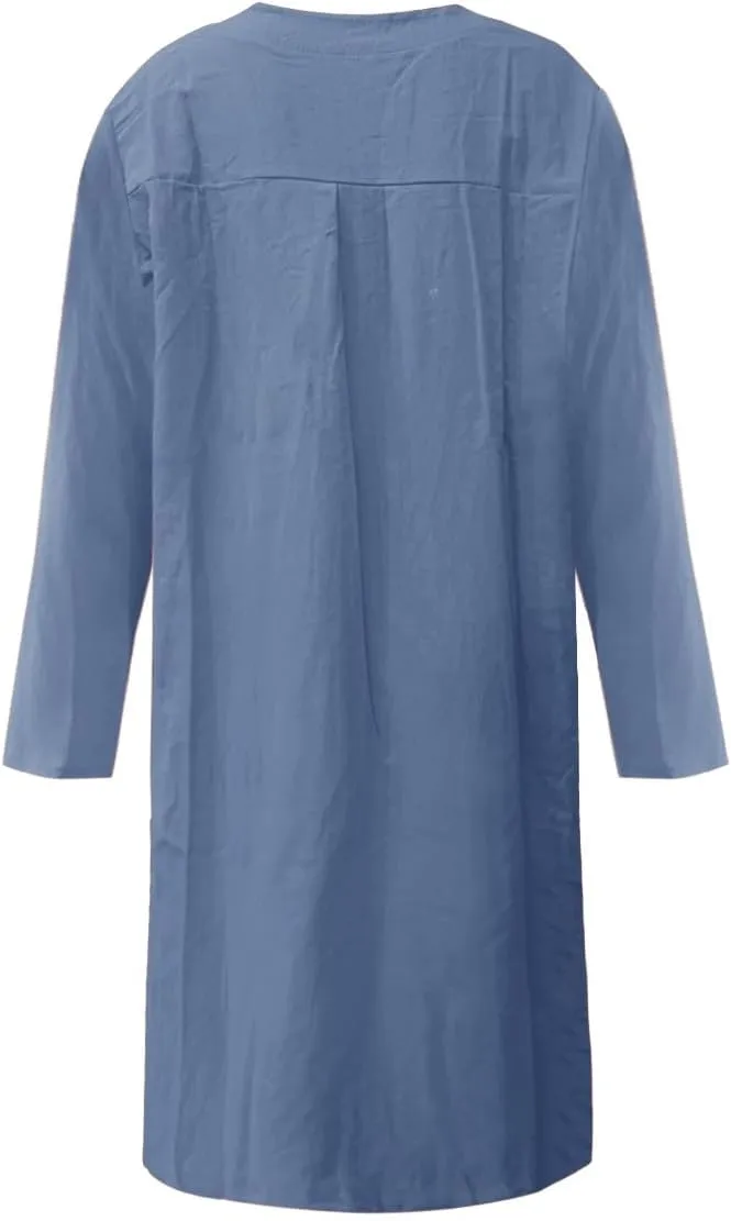 Dresses for Women 2024 Casual Cotton Linen Midi Dress with Pockets Button Down Crew Neck Long Sleeve Summer Dress