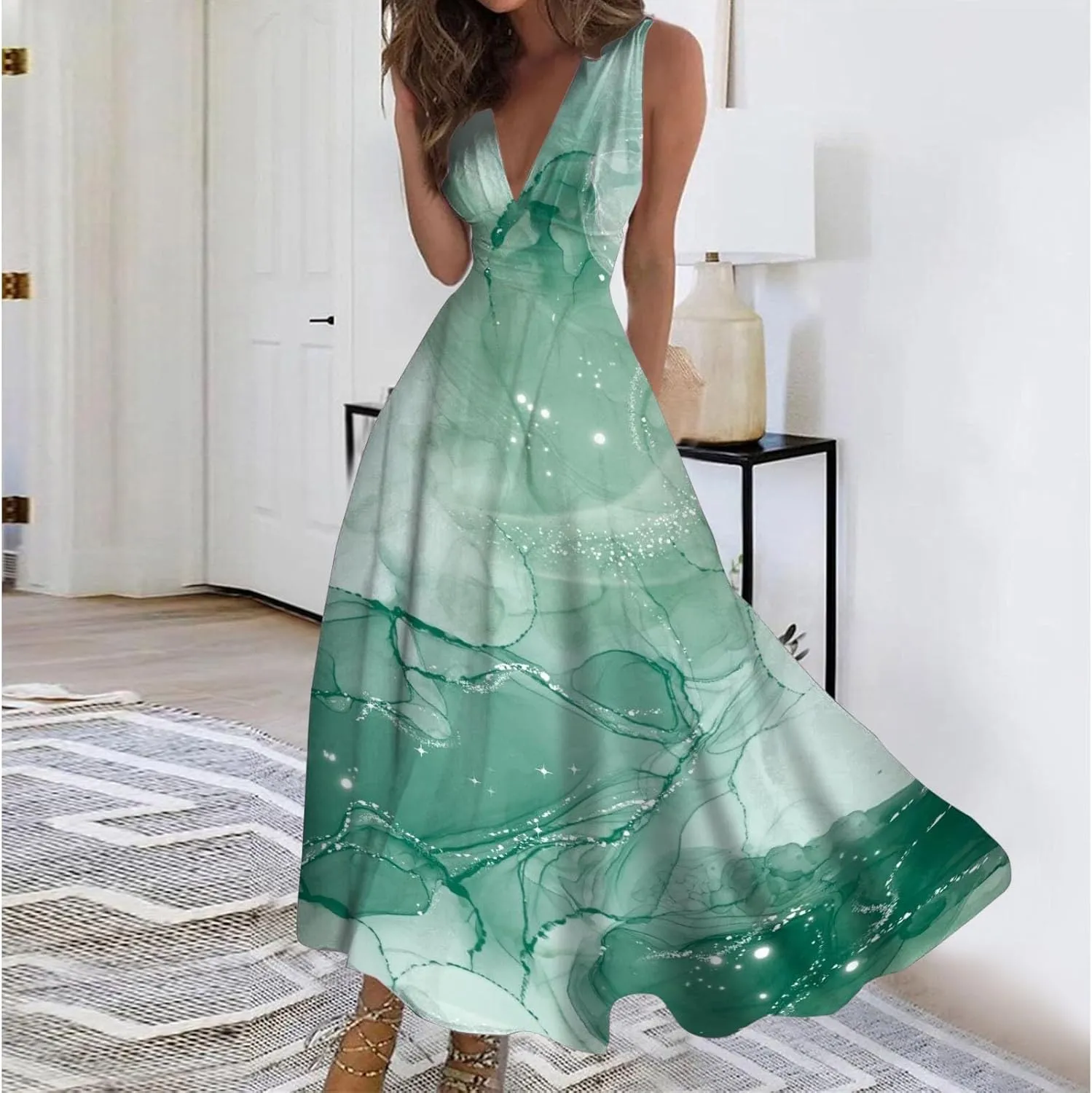Dresses for Women 2024 Casual Printed Deep V Neck Sundress Elegant High Waist Flowy Swing Maxi Dresses Summer Dress