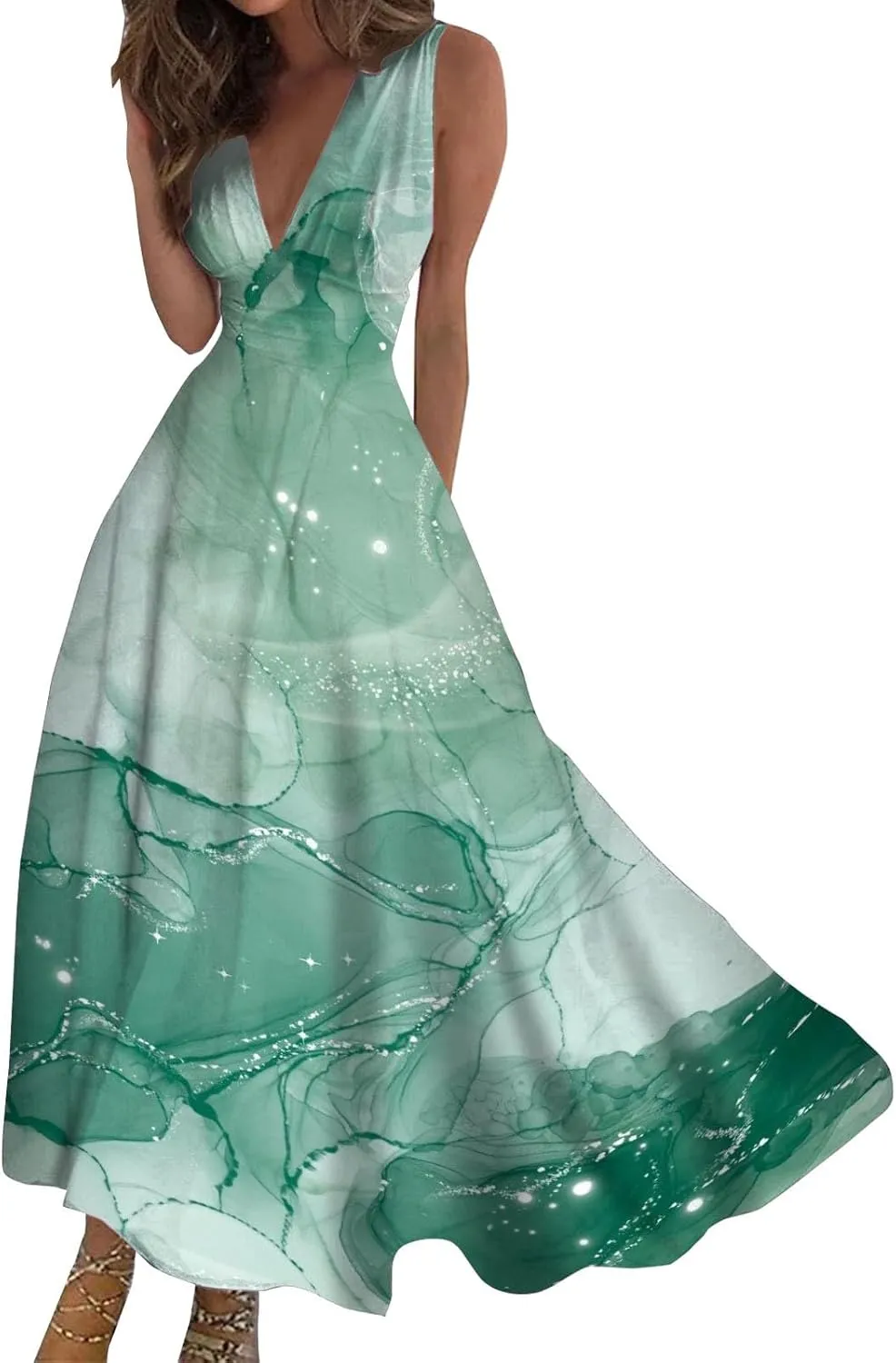Dresses for Women 2024 Casual Printed Deep V Neck Sundress Elegant High Waist Flowy Swing Maxi Dresses Summer Dress