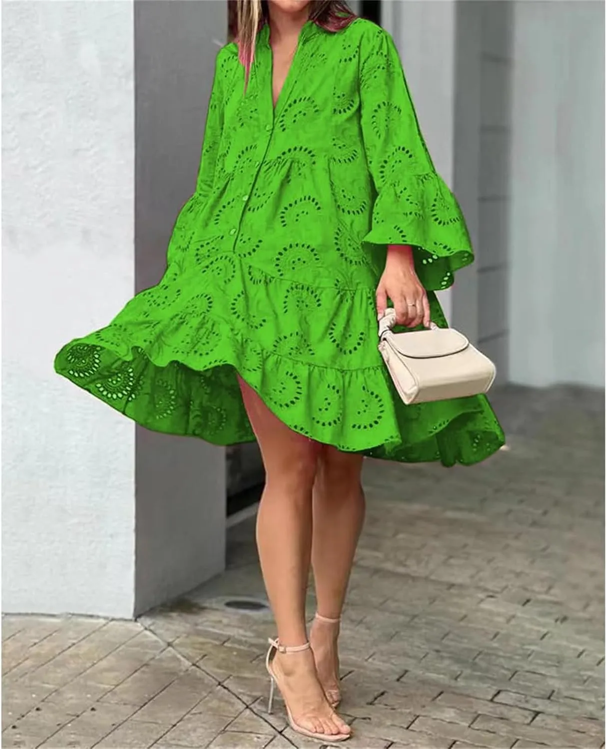 Eyelet Lace Dress for Women Button Down Hollow Out V Neck Sundress 2025 Summer Casual Long Sleeve Mini Dress
