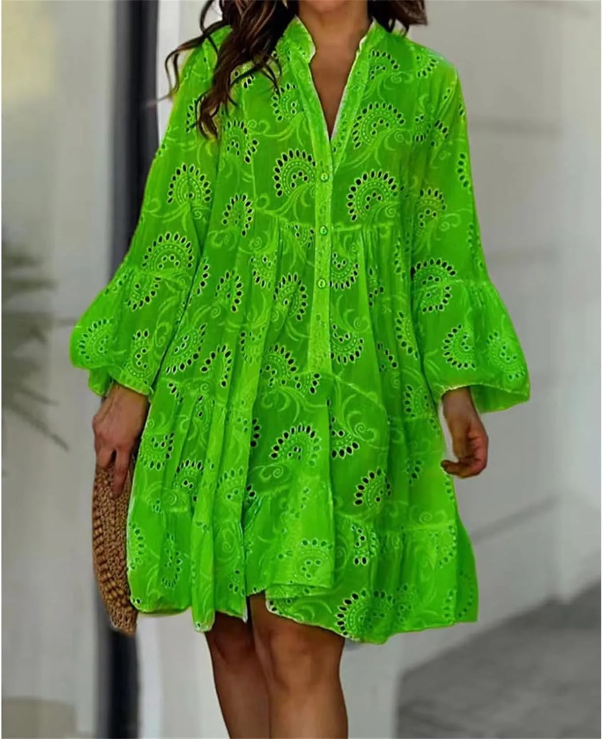 Eyelet Lace Dress for Women Button Down Hollow Out V Neck Sundress 2025 Summer Casual Long Sleeve Mini Dress