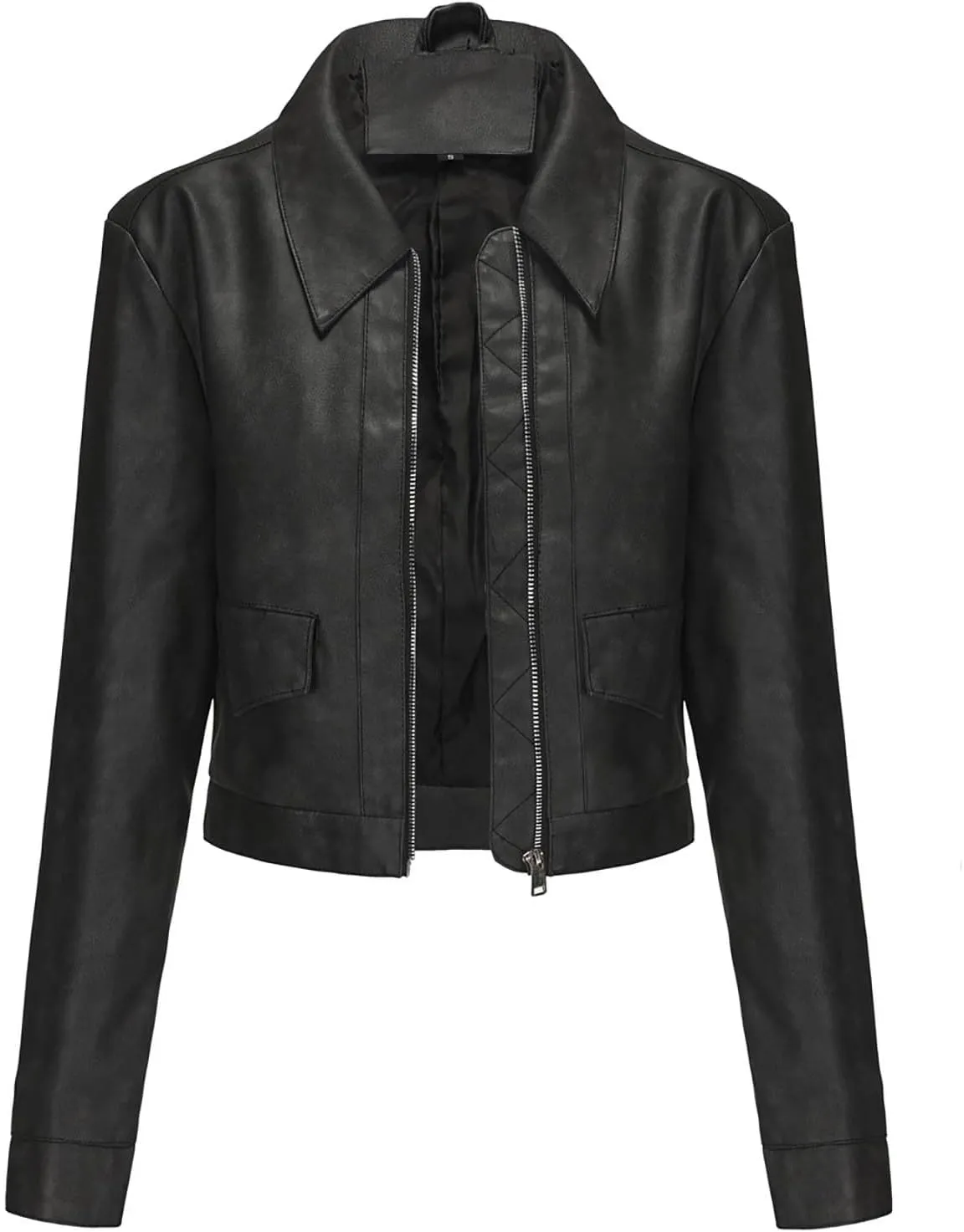 HGps8w Women's Cropped Faux Leather Jacket, Chic Lapel Zipper Up Casual PU Moto Bike Coat Outwear with Pockets
